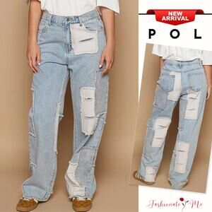POL High Rise Waist Contrast Patched Raw Hem Light Washed Straight Denim Jeans
